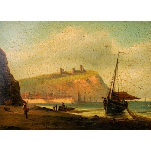 794 - 19th Century British School, Harbour scene with castle on a hilltop, possibly Whitby or Scarborough,... 