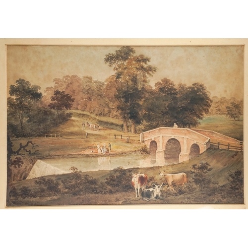 795 - Late 18th Century/ early 19th century English School, Summer river landscape with figures and cattle... 