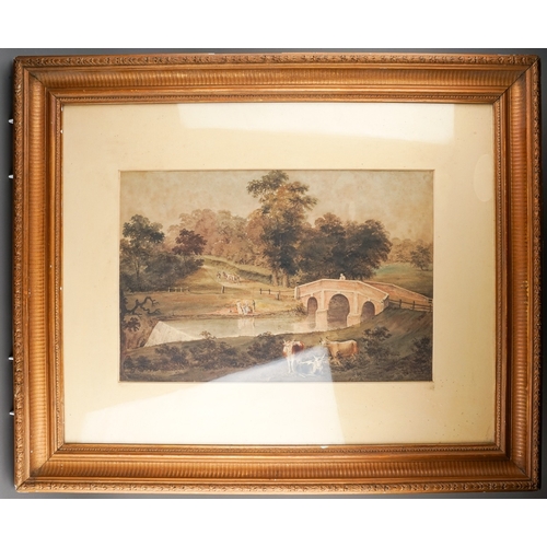 795 - Late 18th Century/ early 19th century English School, Summer river landscape with figures and cattle... 