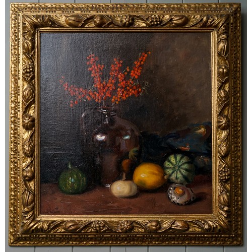 796 - Max Rimboeck (1890-1956) 
Still life with pitcher, fruit and shell
oil on canvas, 54 x 51cm
signed l... 