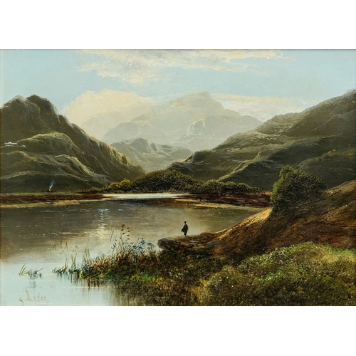 797 - G Leslie (English, 19th Century)
Figure fishing at Lake, mountains beyond
oil on canvas, 29 x 39cm
s... 