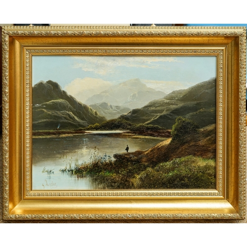 797 - G Leslie (English, 19th Century)
Figure fishing at Lake, mountains beyond
oil on canvas, 29 x 39cm
s... 