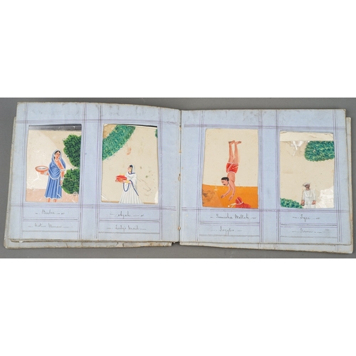 799 - A disbound album of fifty two Indian paintings on mica, all with figures with titles to the frames i... 