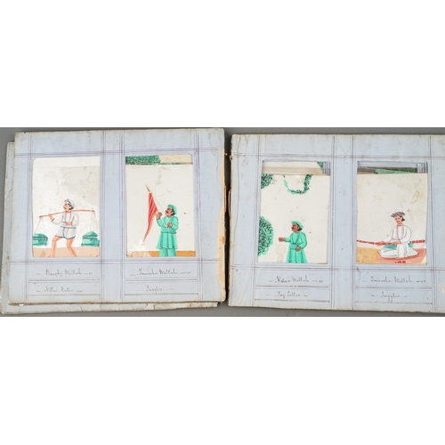 799 - A disbound album of fifty two Indian paintings on mica, all with figures with titles to the frames i... 