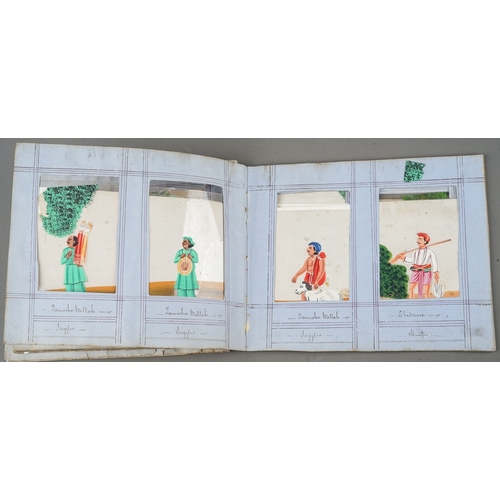 799 - A disbound album of fifty two Indian paintings on mica, all with figures with titles to the frames i... 