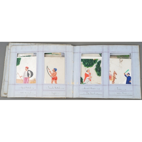 799 - A disbound album of fifty two Indian paintings on mica, all with figures with titles to the frames i... 