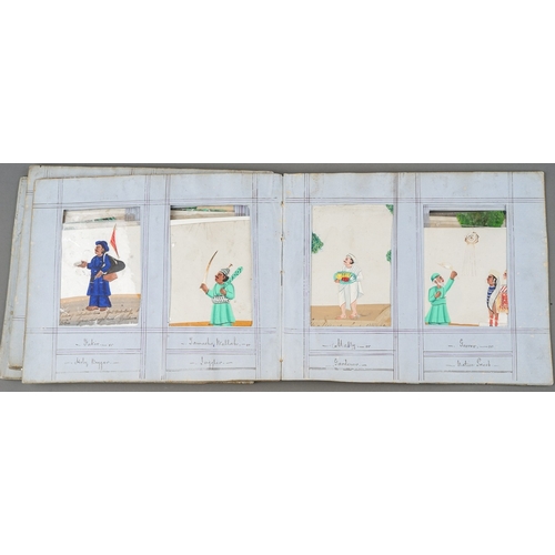 799 - A disbound album of fifty two Indian paintings on mica, all with figures with titles to the frames i... 