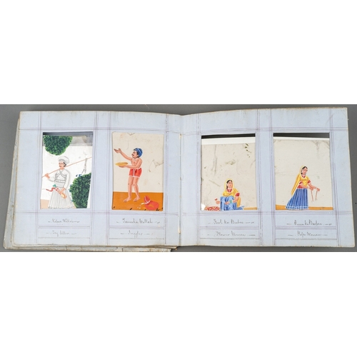 799 - A disbound album of fifty two Indian paintings on mica, all with figures with titles to the frames i... 