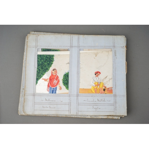 799 - A disbound album of fifty two Indian paintings on mica, all with figures with titles to the frames i... 