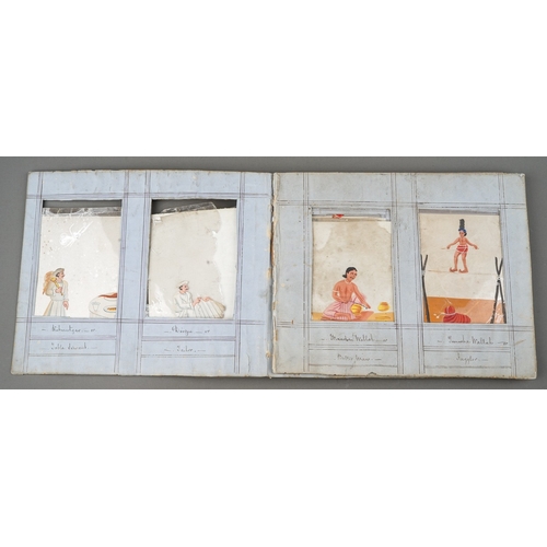 799 - A disbound album of fifty two Indian paintings on mica, all with figures with titles to the frames i... 