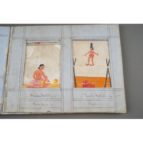 799 - A disbound album of fifty two Indian paintings on mica, all with figures with titles to the frames i... 