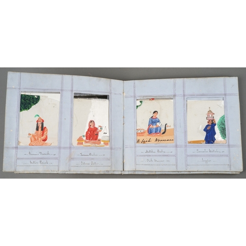 799 - A disbound album of fifty two Indian paintings on mica, all with figures with titles to the frames i... 