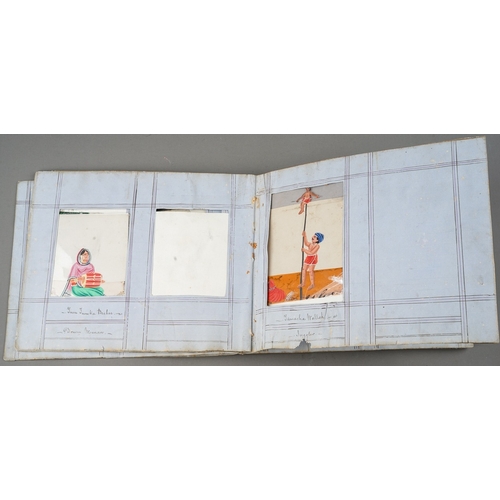 799 - A disbound album of fifty two Indian paintings on mica, all with figures with titles to the frames i... 