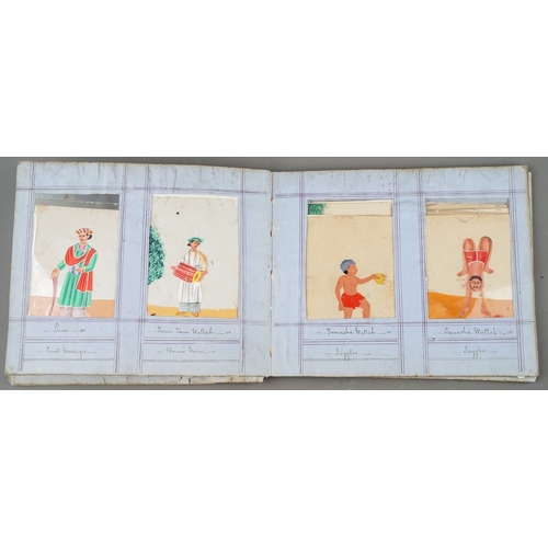 799 - A disbound album of fifty two Indian paintings on mica, all with figures with titles to the frames i... 