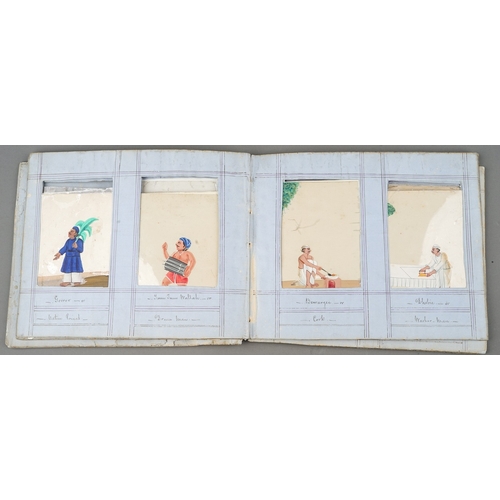 799 - A disbound album of fifty two Indian paintings on mica, all with figures with titles to the frames i... 