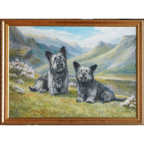 814 - A J Blackie (20th Century)
Highland Terriers
oil on canvas, 50 x 70cm 
signed lower right, framed to... 