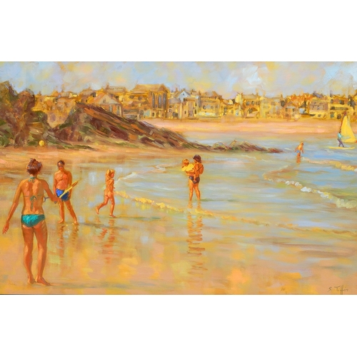 Sheila Tiffin (British, b.1952)
Beach Scene
oil on canvas, 48 x 72cm
signed lower right, framed and glazed