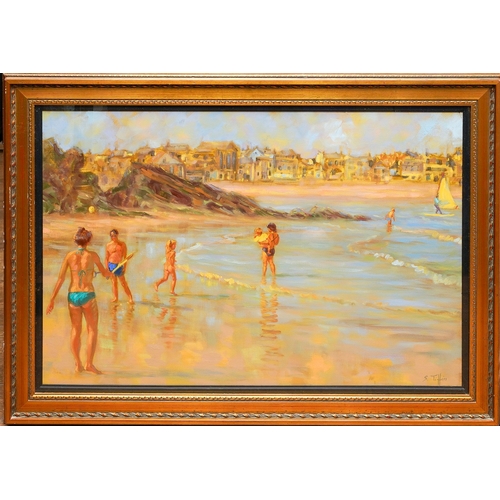 815 - Sheila Tiffin (British, b.1952)
Beach Scene
oil on canvas, 48 x 72cm
signed lower right, framed and ... 