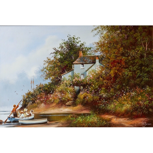 826 - Les Parson (b.1945)
Going Home (three Children and dog in a rowing boat)
oil on canvas, 50 x 75cm
si... 