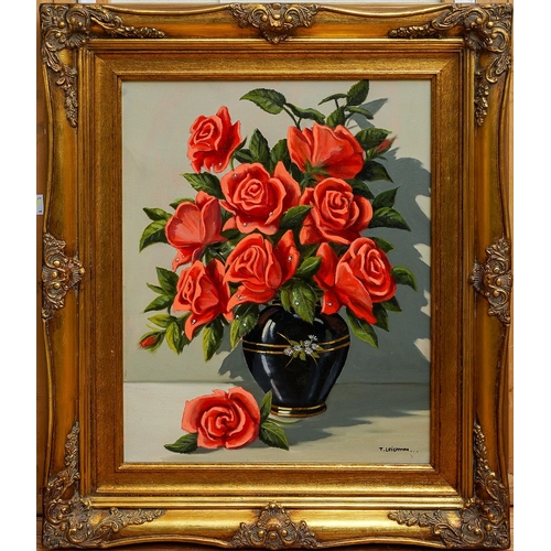 830 - Tom Leighton (Contemporary) 
Still life with vase of red roses
oil on canvas, 50 x 49cm
signed, gilt... 