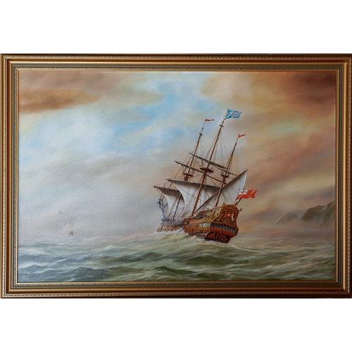 831 - Arthur James Read (1932-2006)
Galleon at sea
oil on canvas, 61 x 92cm 
signed lower right, framed