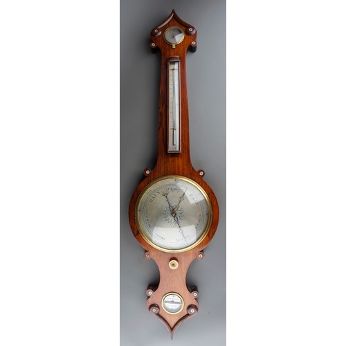 835 - A Victorian wood wheel barometer with mother of pearl inlay, maker Guarnerio of St. Ives, silvered h... 