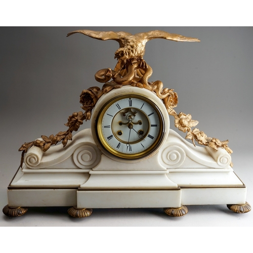 839 - A 19th Century French ormolu mounted marble clock, the drum head dial with volute scrolls supports a... 