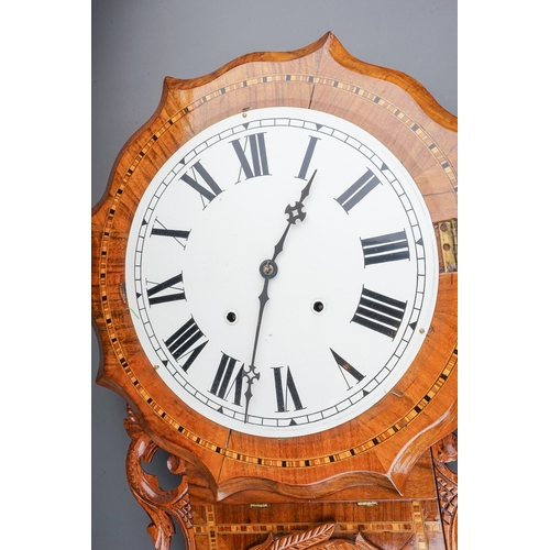 841 - A Victorian inlaid walnut drop case wall clock, cream enamel dial Roman numerals, the lower section ... 