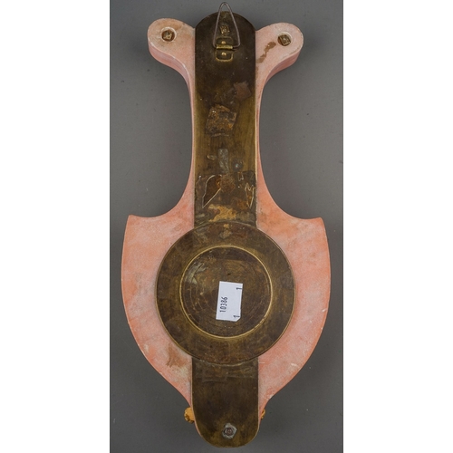 844 - A late 19th century French rose marble and gilt metal cartel clock, applied mask to the shaped top, ... 