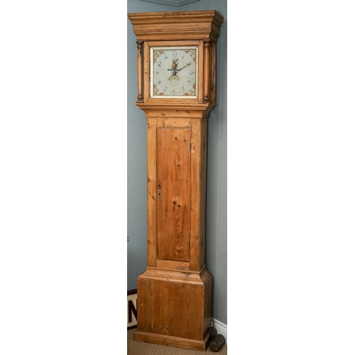 845 - Pine Grandfather clock by Adam Cleak, Upottery, complete with weights and pendulum, face decorated w... 