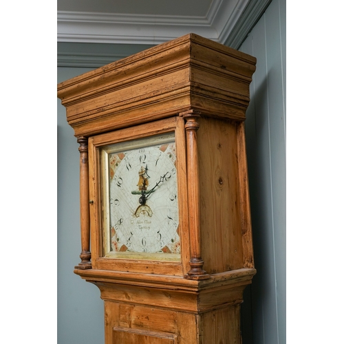 845 - Pine Grandfather clock by Adam Cleak, Upottery, complete with weights and pendulum, face decorated w... 