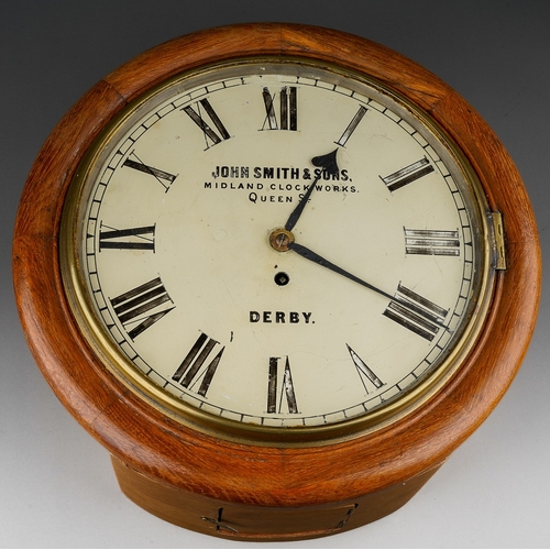 847 - A late Victorian mid oak and pine cased circular wall clock John Smith & Sons Derby thirty hour wall... 