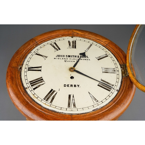 847 - A late Victorian mid oak and pine cased circular wall clock John Smith & Sons Derby thirty hour wall... 