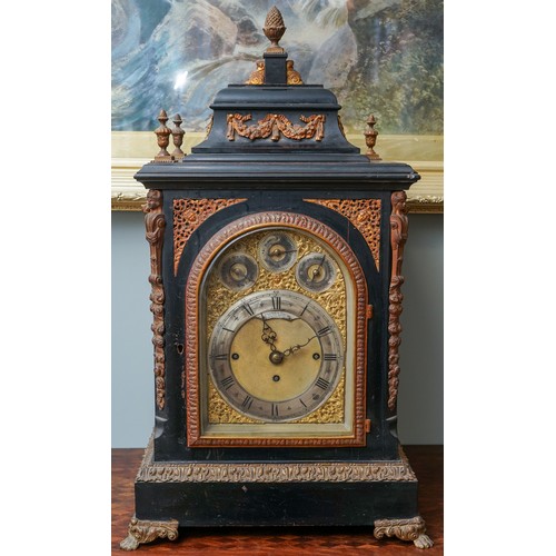 848 - A late 19th century Howell & James ebonised and gilt metal bracket clock, eight day movement, caddy ...