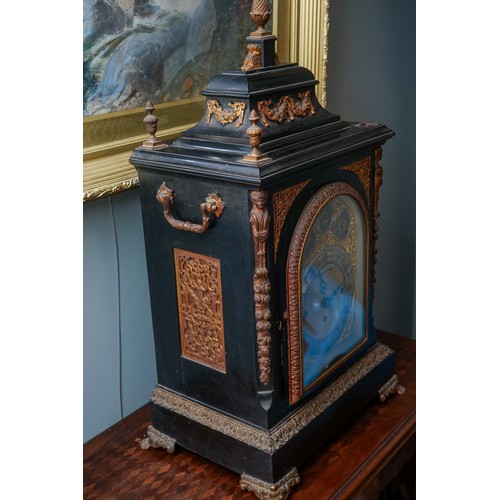 848 - A late 19th century Howell & James ebonised and gilt metal bracket clock, eight day movement, caddy ... 