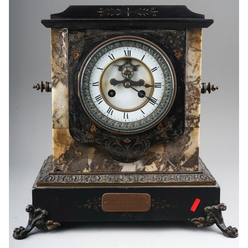 849 - A Victorian marble mantle clock, white enamel dial with Roman numerals with brass mount, the plinth ... 