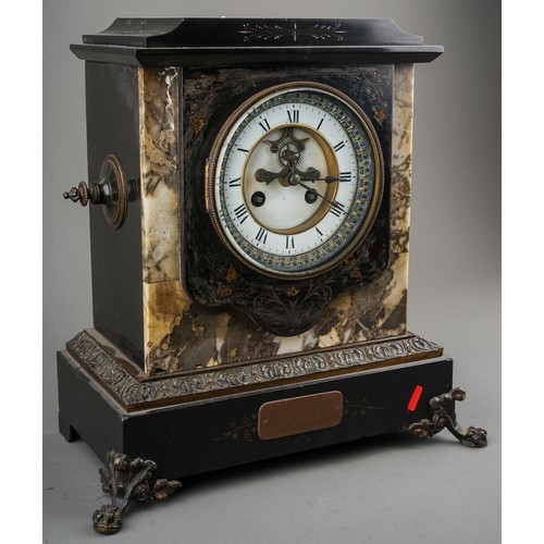 849 - A Victorian marble mantle clock, white enamel dial with Roman numerals with brass mount, the plinth ... 