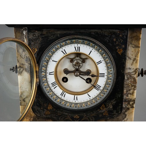 849 - A Victorian marble mantle clock, white enamel dial with Roman numerals with brass mount, the plinth ... 