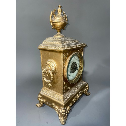 850 - A 19th Century French giltmetal mounted mantle clock, the cream enamel dial with Arabic numerals, su... 