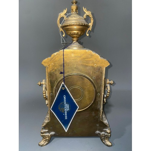 850 - A 19th Century French giltmetal mounted mantle clock, the cream enamel dial with Arabic numerals, su... 