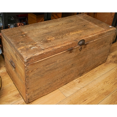 851 - A Victorian pine blanket chest of rectangular form, the hinged lid loose due to a split to the backb... 