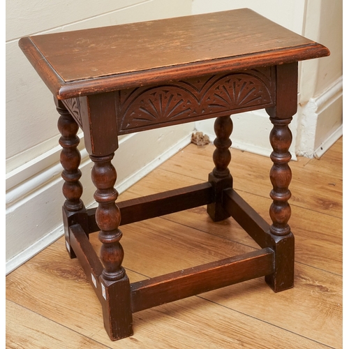 853 - Two early 20th century oak occasional tables, one of joint stool form carved with lunettes, bobbin t... 