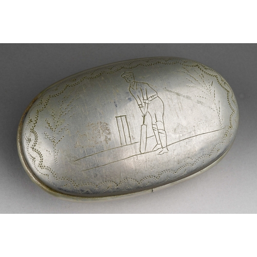 637A - Cricket interest , a base metal snuff / tobacco box inscribed F. Dean to the cover, believed to be K... 