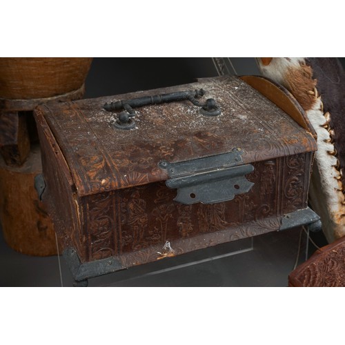 721 - A box containing a collection of curios and collectables, including a late 19th century African war ... 