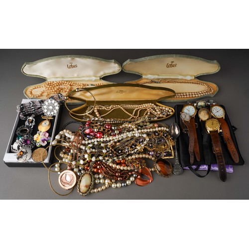 2 - Assorted costume jewellery and watches to include a silver Scottish thistle brooch, pearl necklaces,... 