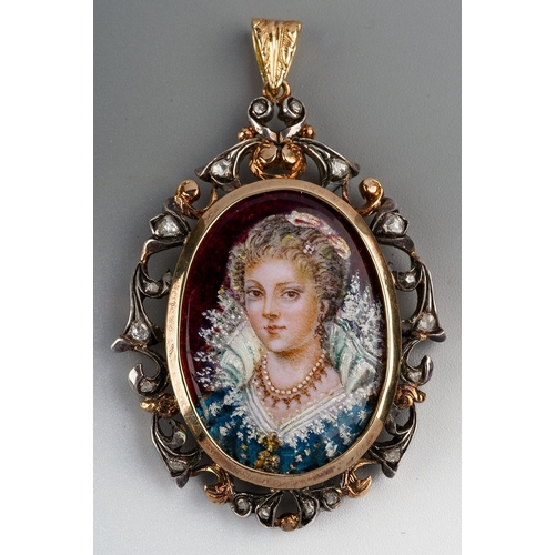 11 - A 19th century style gold enamel and diamond portrait pendant, painted depicting the portrait of a p... 