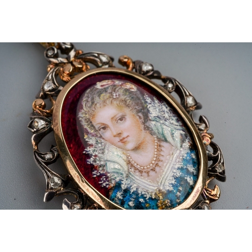 11 - A 19th century style gold enamel and diamond portrait pendant, painted depicting the portrait of a p... 