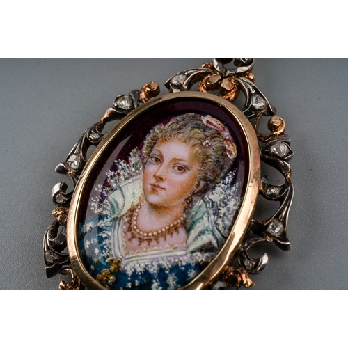 11 - A 19th century style gold enamel and diamond portrait pendant, painted depicting the portrait of a p... 