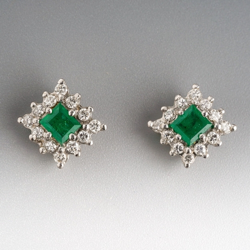 13 - A pair of 18ct gold emerald and diamond square cluster earrings, set with a rectangular emerald with... 