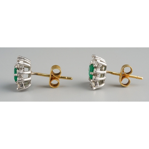 13 - A pair of 18ct gold emerald and diamond square cluster earrings, set with a rectangular emerald with... 